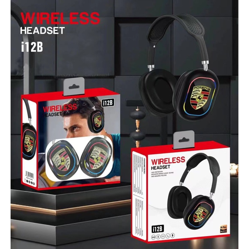 HEADPHONE BANDO BLUETOOTH KARAKTER LOGO CARS  i12 FERRARI / i12 PORCHE / i12 LAMBORGINI