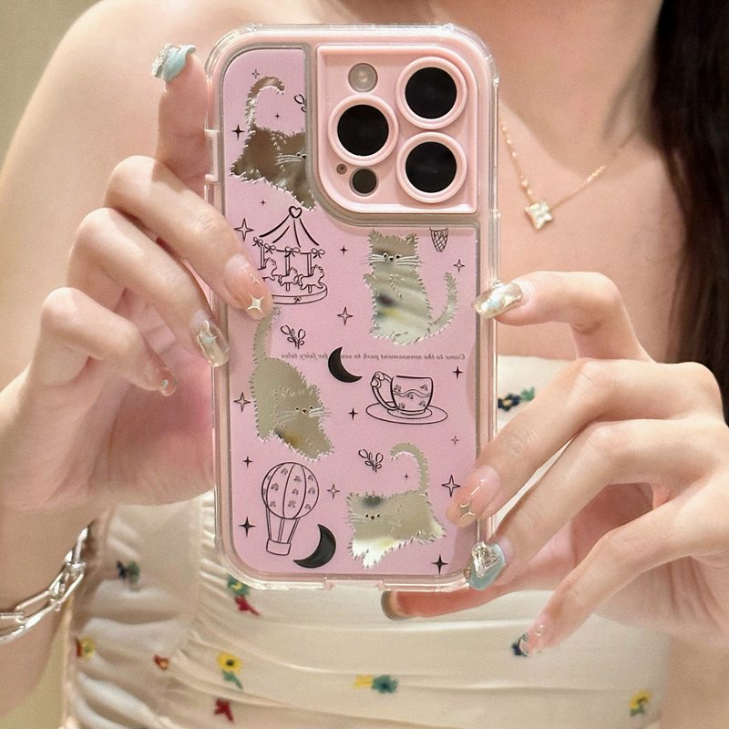 IPHONE Case TPU Lembut Mirror Pink Line Kitty iP Iphone14+Plus 11 12 13 Pro Max 2in1 FTD Cewek Wanita Casing Apple