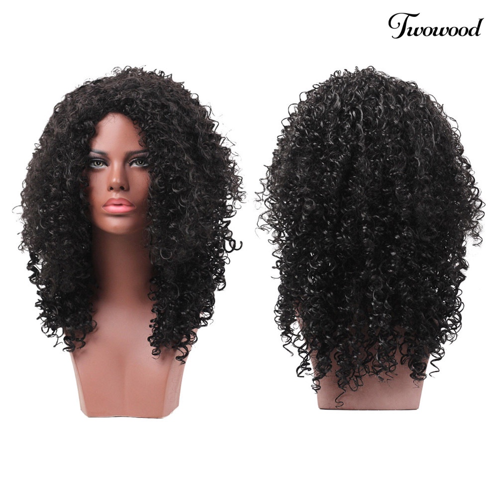 Twowood Wanita Fashion Afro Kinky Curly Rambut Sintetis Panjang Warna Hitam Pesta Wig Keren