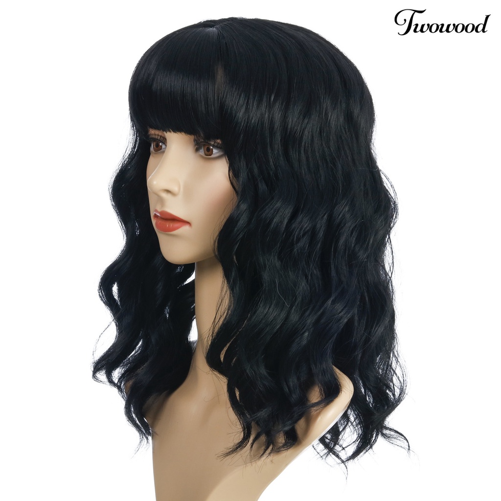 Twowood Wanita Wavy Mid Long Curly Wig Air Bangs Bermain Peran Kostum Pesta Sopak