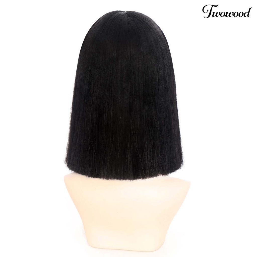 Twowood Jisheng Wig Lurus Ketat Warna Alami Wig Bob Lurus Pendek Serat Suhu Tinggi Dengan Bang Untuk Anak Perempuan