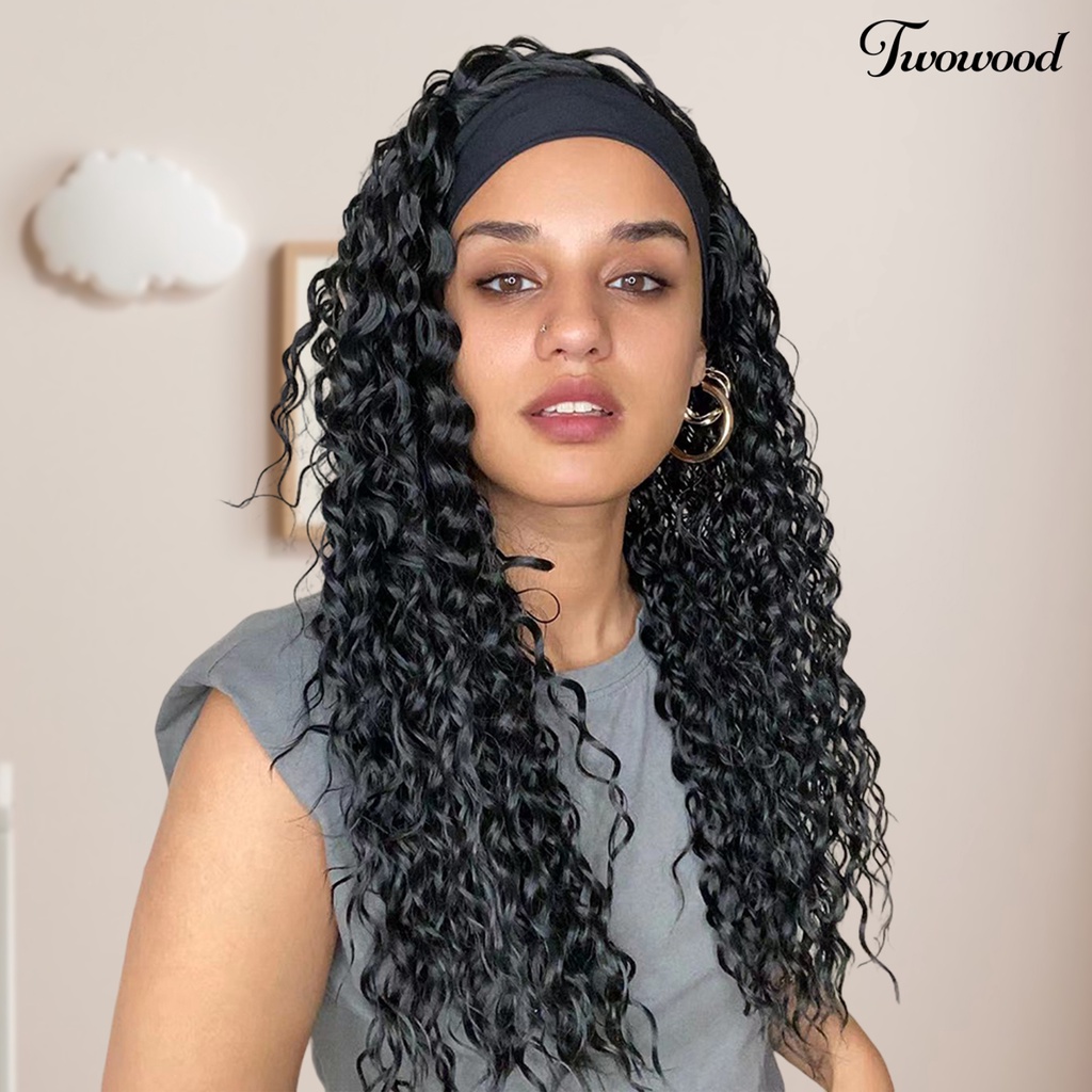 Twowood 24-Inch Wanita Wig Berbulu Tidak Menumpahkan Non-Tangle Ringan Tahan Sobek Gaya Rambut Dekorasi Warna Hitam Air Keriting Bando Rambut Manusia Wig Untuk Club