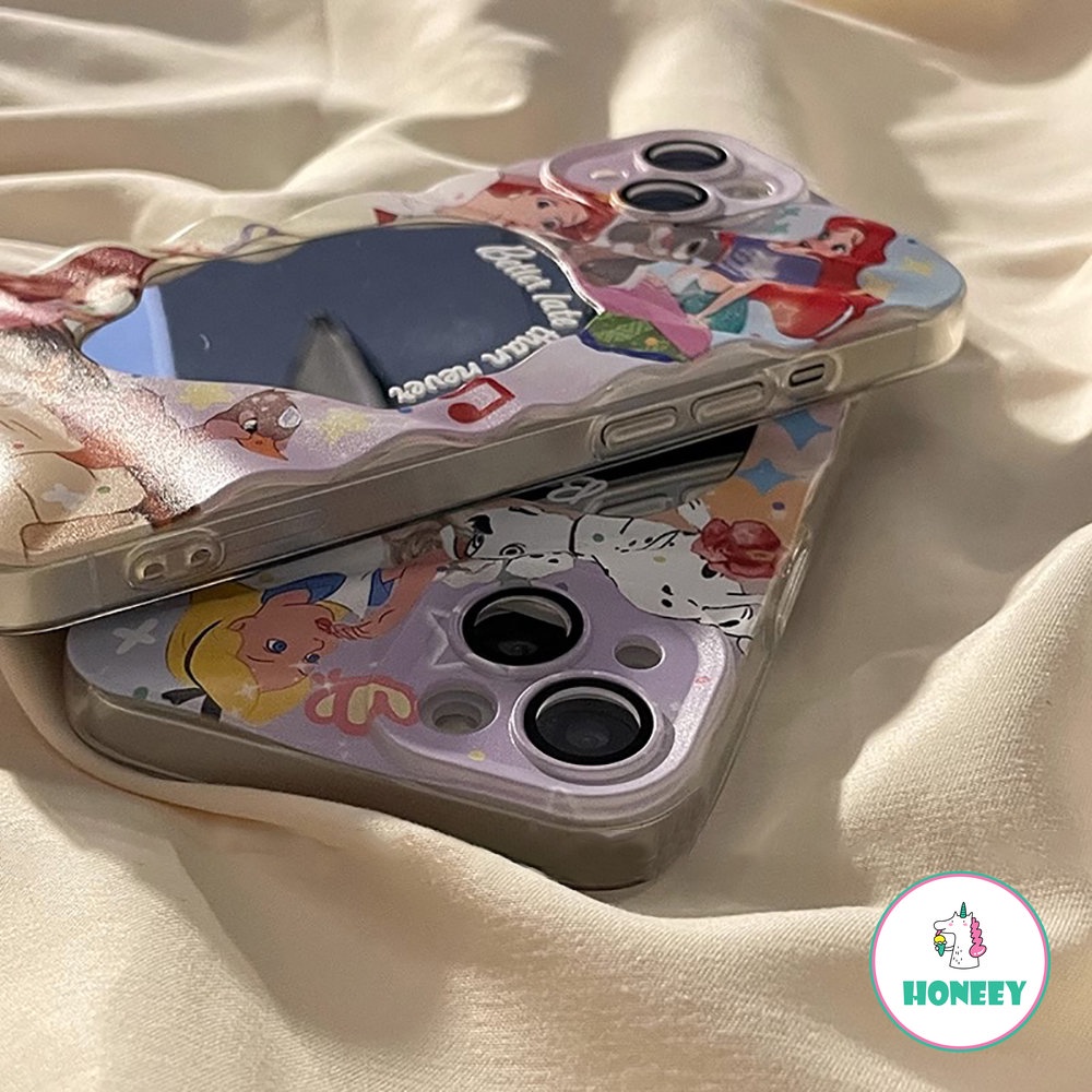 Ins Kartun Mermaid Princess Wave Pattern Phone Case Untuk iPhone 14 Pro 11 13 12 Pro Max Irregular Geometri Makeup Cermin Anti-Shock Penutup Belakang