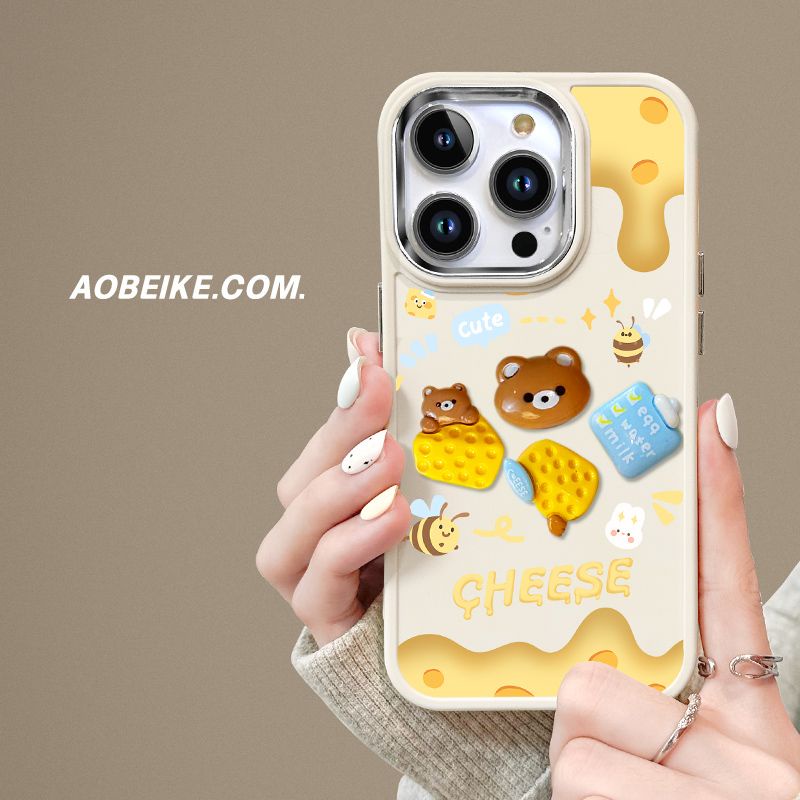 IPHONE Beruang Keju Kecil Bingkai Logam Soft Shell Cream White Desain Phone Case Kompatibel Dengan Iphone12 13 14 11 Pro Max X Xs Max Xr Frfr