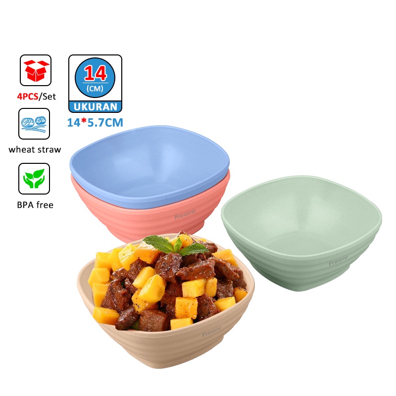 freemir Set 4 pcs Mangkok Gelombang 13.5/14 cm Wheat Straw Plastik Mangkuk Kuah Sup Bowl Warna-Warni Set 4 pcs