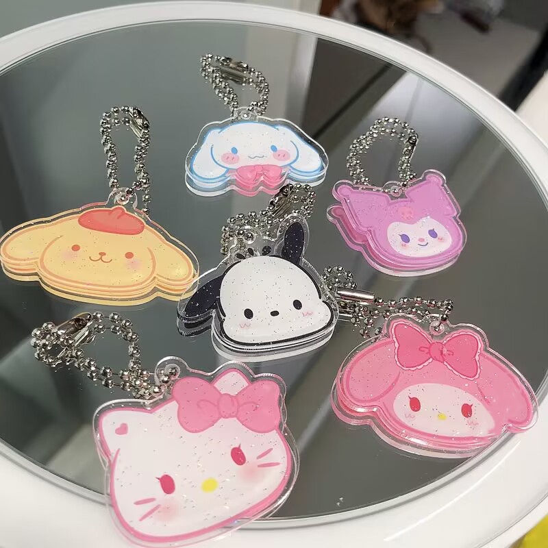 Kawaii Hello Kittys Kuromi Melody Cinnamoroll Keychain Sanrio Acrylic Sparkling Key Chain Anime Tas Liontin Aksesoris Menghias Mainan