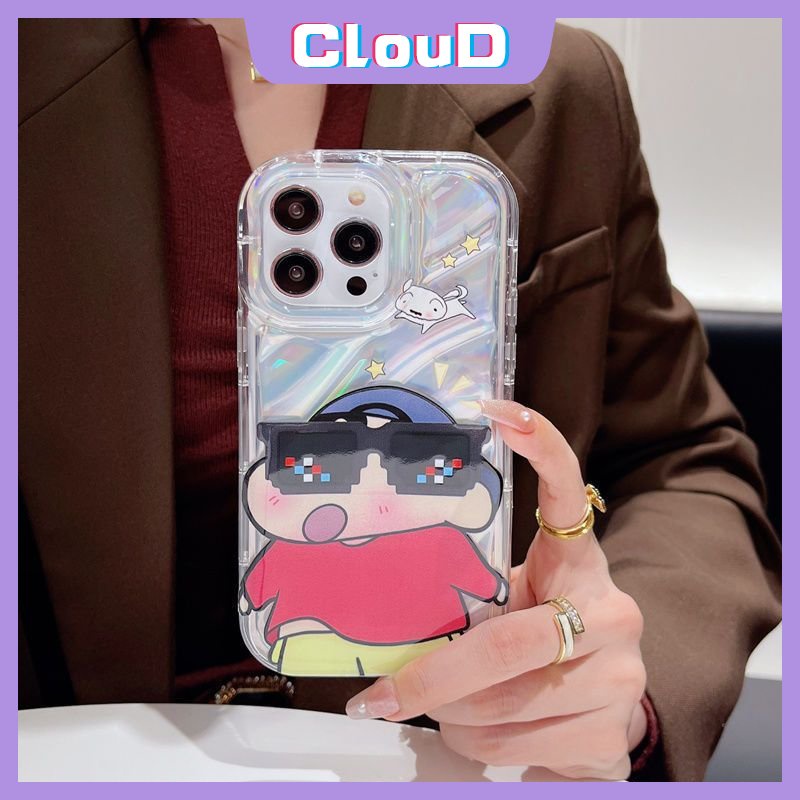 IPHONE Case Kompatibel Untuk Iphone11 14 12 13 Pro MAX Se2020 7Plus XR XS X Max6 6S 8plus Kacamata Hitam Keren Crayon Shin-Chan 3D Stereo Corrugation Mewah Kartu Laser Dazzle Warna Soft Case