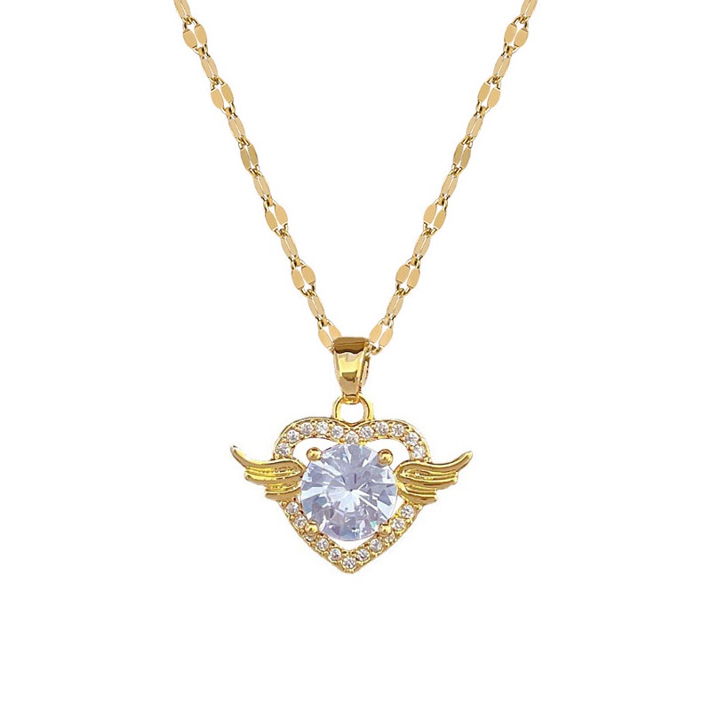 Xiaoboacc Baja Titanium Korea Fashion Berlian Cinta Sayap Liontin Wanita Micro Inlay Zirkon Jantung Rantai Kalung