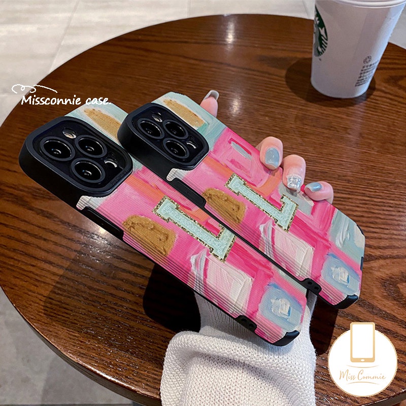 IPHONE Kreatif Graffiti Lukisan Minyak Huruf Inggris L Phone Case Kompatibel Untuk Iphone11 13 12 14 Pro MAX 11 7 8 Plus XR X XS MAX 7Plus Shockproof Leather Texture Cover