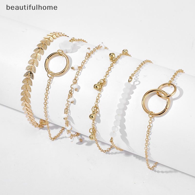 {beautifulhome} 6pcs /Set Gelang Boho Set Wanita Jumbai Daun Rantai Melingkar Bangle Perhiasan.