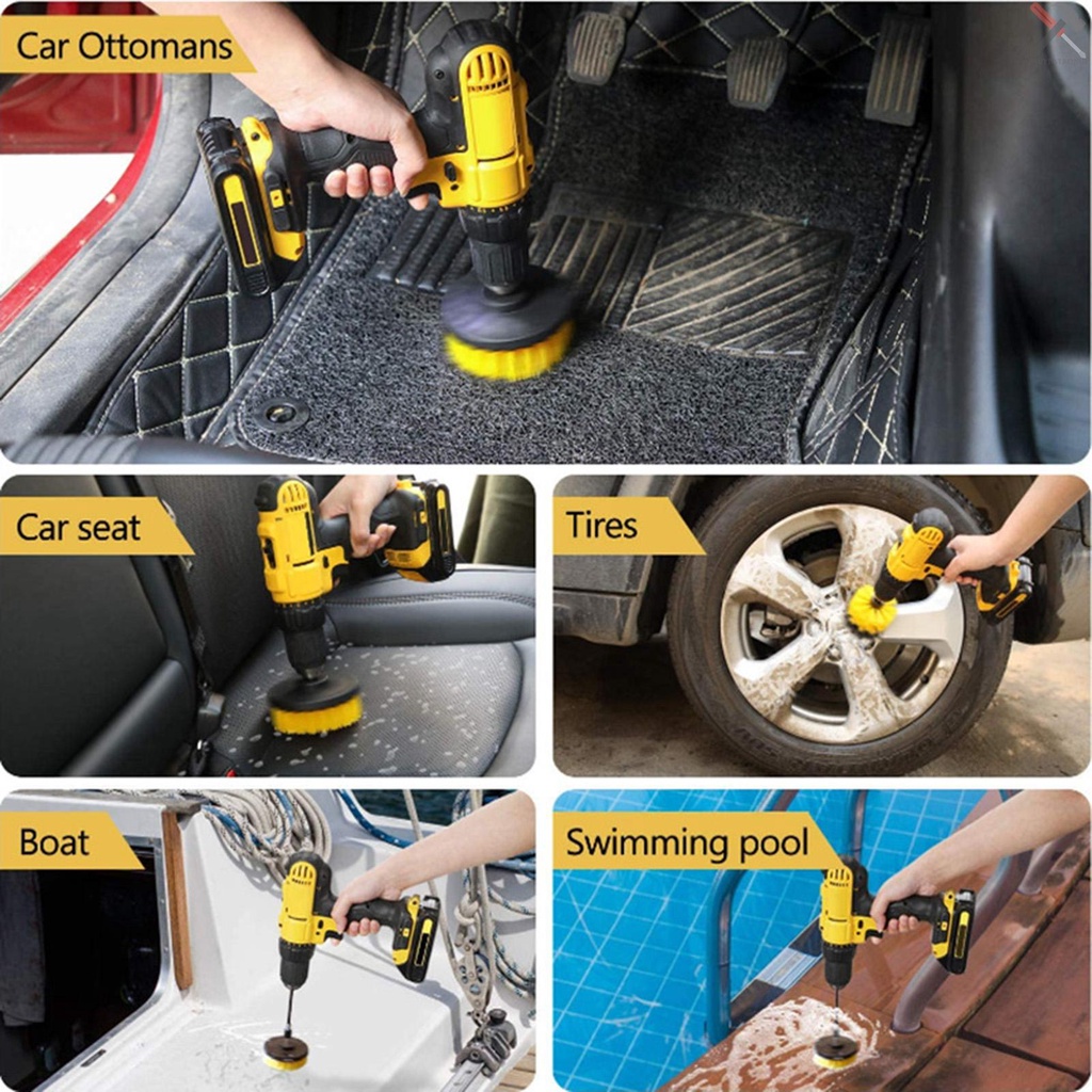 4pcs Kit Sikat Bor Detailing Sikat Cuci Mobil Bor Bulu Keras Auto Scrubber Detailing Cleaning Tool
