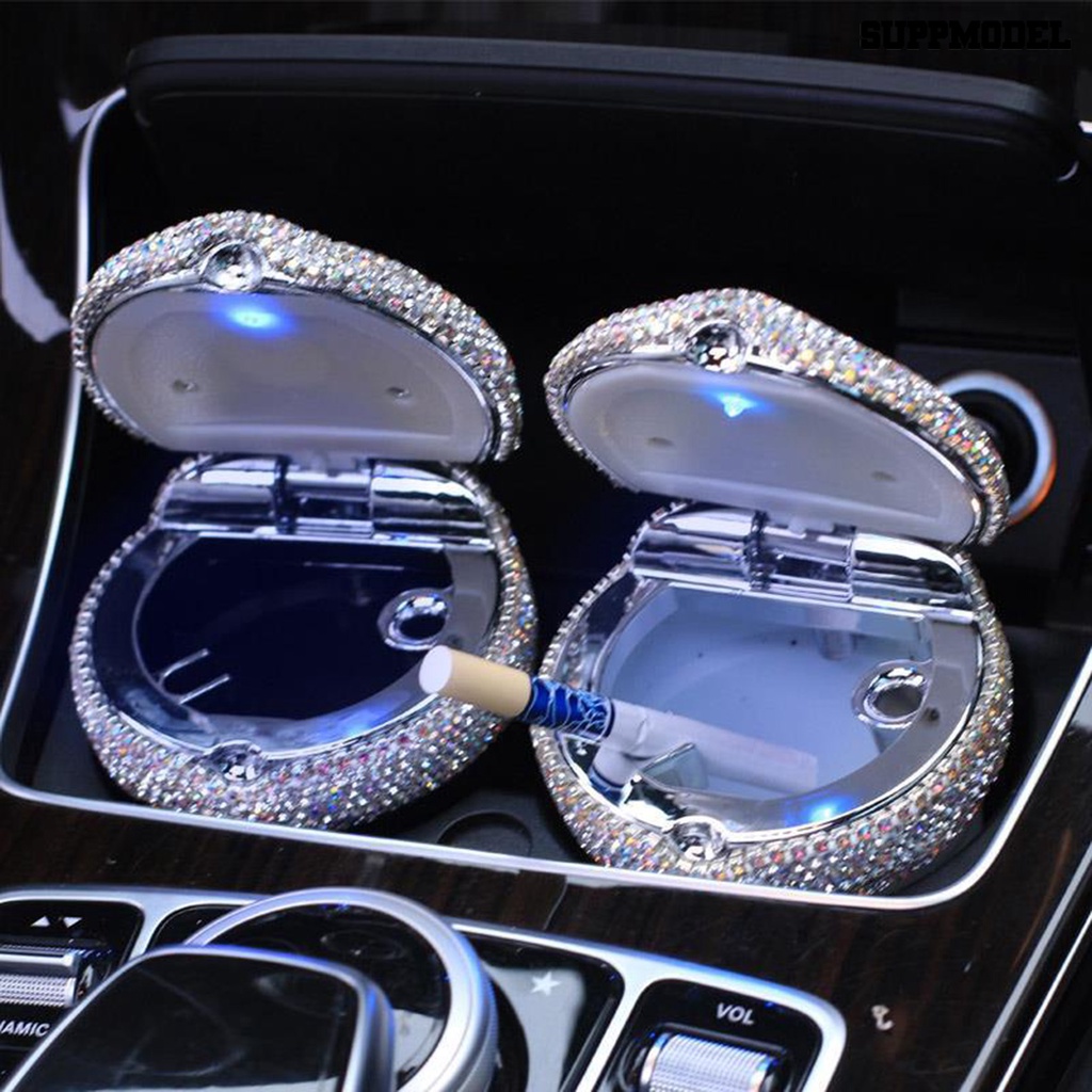 [SM] Car Ash Tray with Lid LED Blue Light Odor Proof less Mini Rhinestone Tanam Tempat Tong Sampah Otomatis Aksesoris Interior Mobil