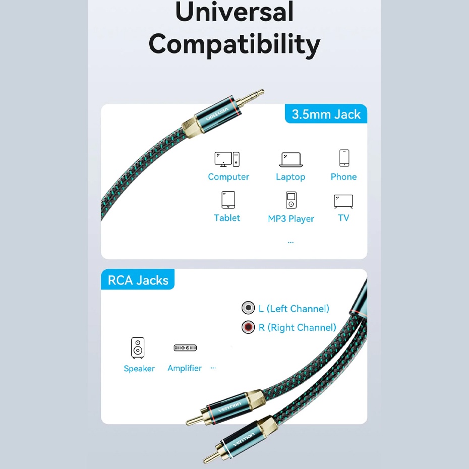 Vention Cotton Braided Audio Cable 3.5mm Male to 2RCA Male Kabel Audio 0.5/1/1.5 /2M Tipe Tembaga Hijau