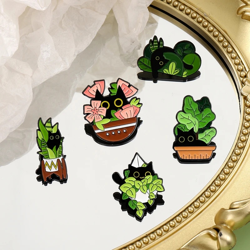 Menyenangkan Wanita Kartun Serbaguna Kucing Hitam Pot Tanaman Bros Teman Ransel Kawaii Brooch Pin Custom Anak Denim Kemeja Kerah Pakaian Jaket Perhiasan Hadiah Logam Enamel Pin Lucu