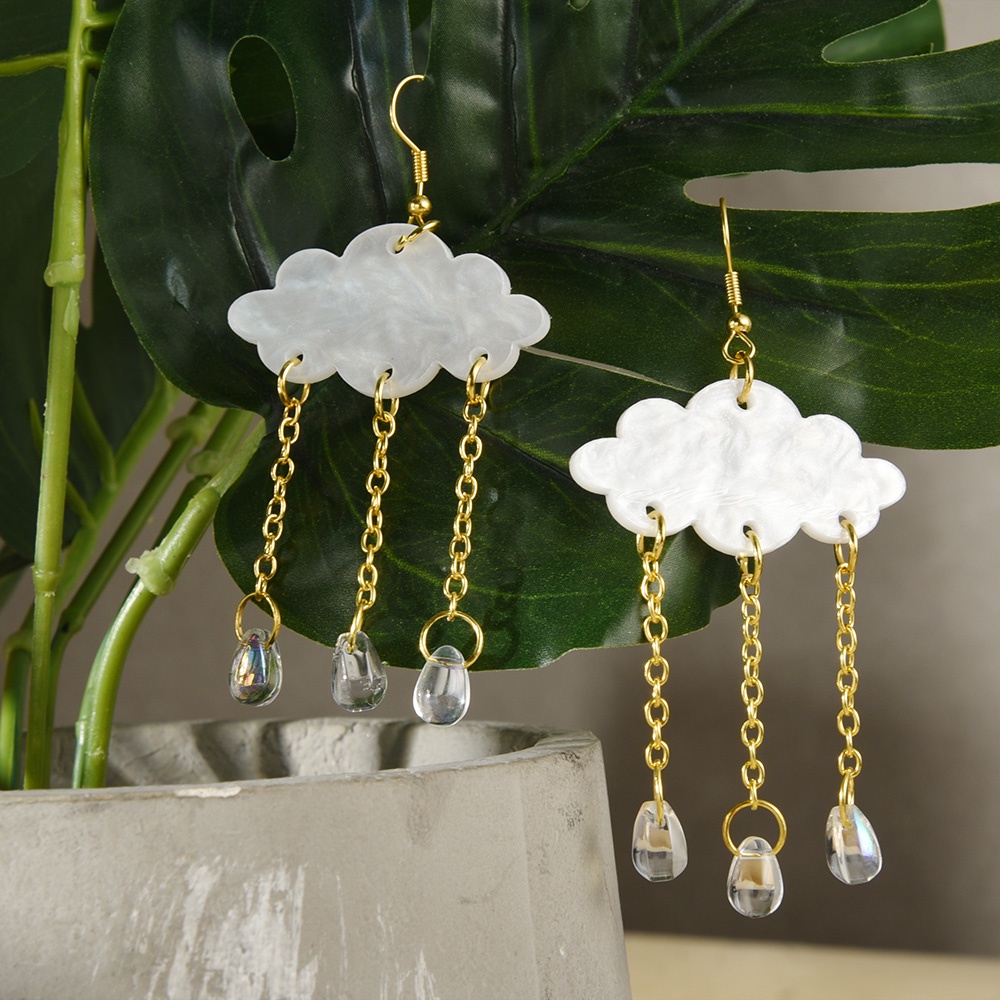 Raindrop Cloud White Crystal Droplet Rumbai Menjuntai Anting Cloud Drop Earrings Fashion Berlebihan Awan Kristal Anting Panjang Awan Akrilik Dan Raindrops Menjuntai Earrings