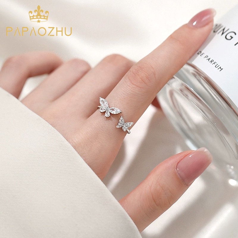 Papaozhu Fined Sparkling Zircon Butterfly Open Ring Untuk Wanita Gadis Chic Bersinar Kristal Buku Jari Cincin Temperamen Perhiasan