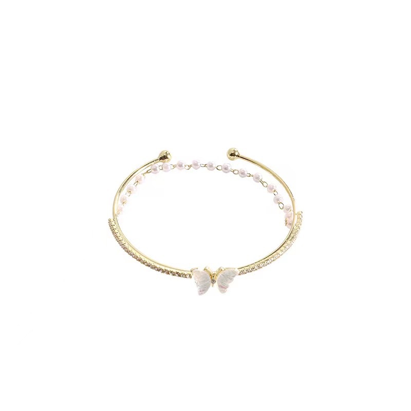 Ins Gelang Trendi Desain Niche Mewah Ringan Gelang Kupu-Kupu Ganda Perempuan All-Match Zirkon Temperamen Gelang Rantai Mutiara