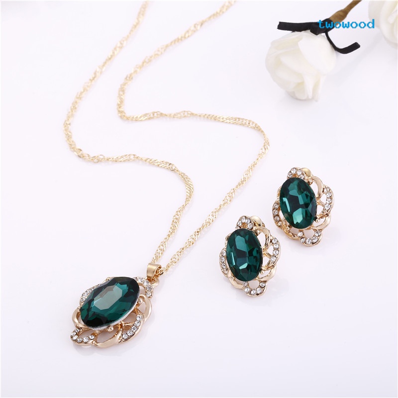 Twowood Kristal Belah Ketupat Kalung Anting Set Kombinasi Anting Liontin Perhiasan Set