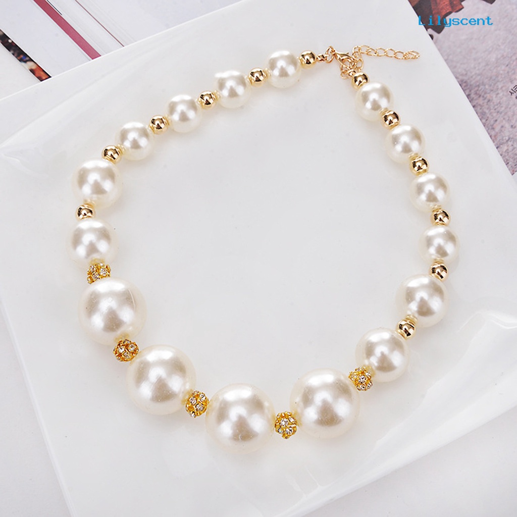 [LS]Faux Kalung Wanita Mutiara Berlian Imitasi Bahan Alloy Bulat Tipe Pendek Necklace Untuk Valentine Day