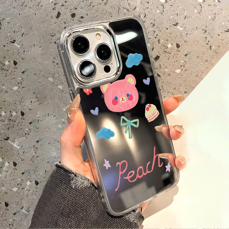 IPHONE Casing Ponsel Cermin Lukisan Beruang Pink Kompatibel Untuk Iphone11 12 13 14 12Pro 13Pro 14Pro Pro Max XR X XS Max Electroplating Tombol Perlindungan Mirror Cover