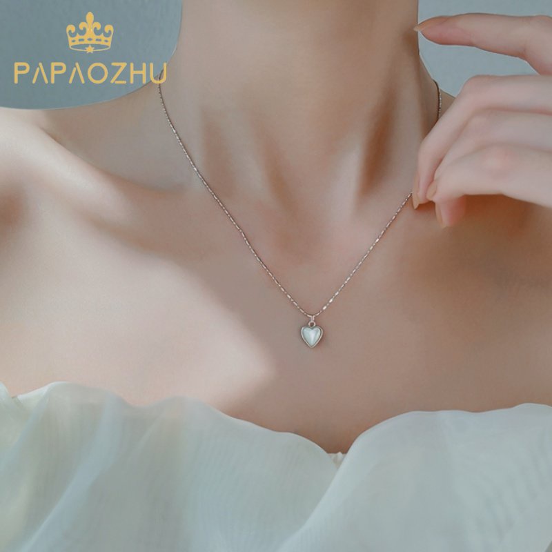 Papaozhu Vintage Perak Shiny Moonstone Heart Pendant Kalung Untuk Wanita Gadis Elegan Cinta Pesona Kalung Chic Tulang Selangka Rantai Perhiasan Aksesoris