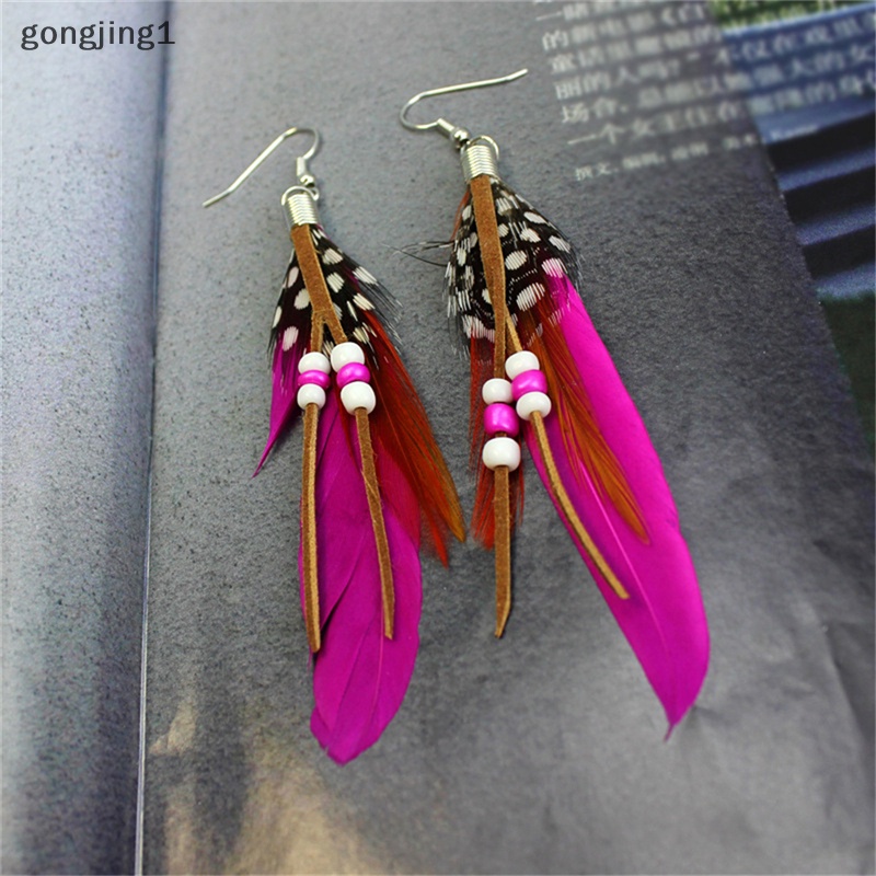 Ggg Fashion Anting Gantung Rumbai Bulu Manik Kulit Anting Indian Feathers ID