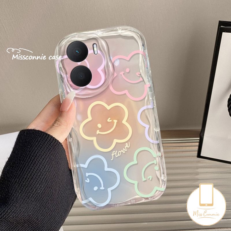 Untuk Realme C55 C25Y C31 C25 C53 5 9i 6i 7i 5i 5s C20 C20A C25s C21Y C12 C1 C33 C15 C35 C21 C17 C30 Colorful Graffiti Smiley Fresh Flowers Holder Bracket 3D Wavy Curved Edge Case