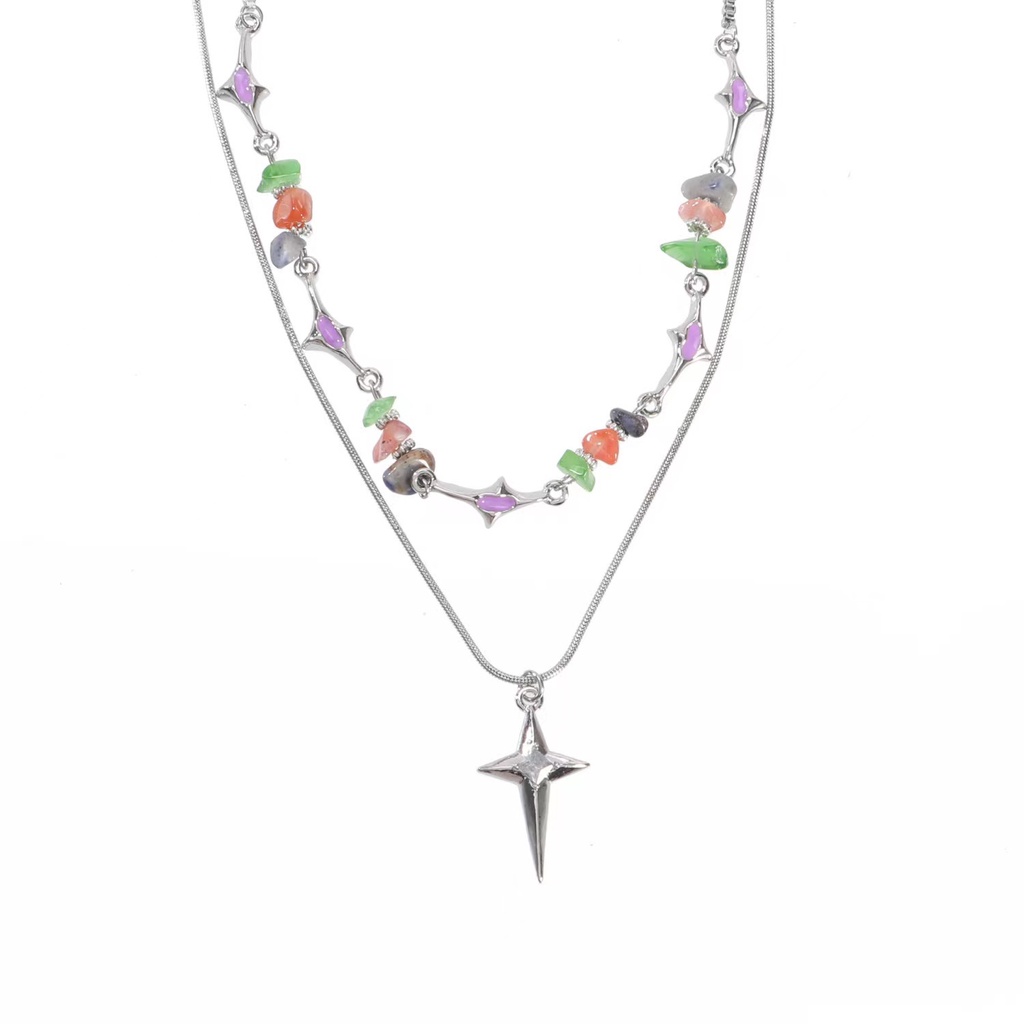 Gaya Gadis Panas Manis Keren~ Bintang Berujung Double-Layer Colorful Kerikil Jahitan Kalung Perempuan Cahaya Mewah High-End Menunjuk Bintang Liontin