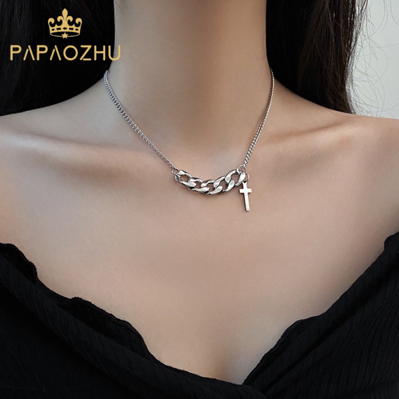 Papaozhu Chic Perak Tebal Rantai Salib Liontin Kalung Untuk Wanita Perempuan Korea Necklace Jewelry