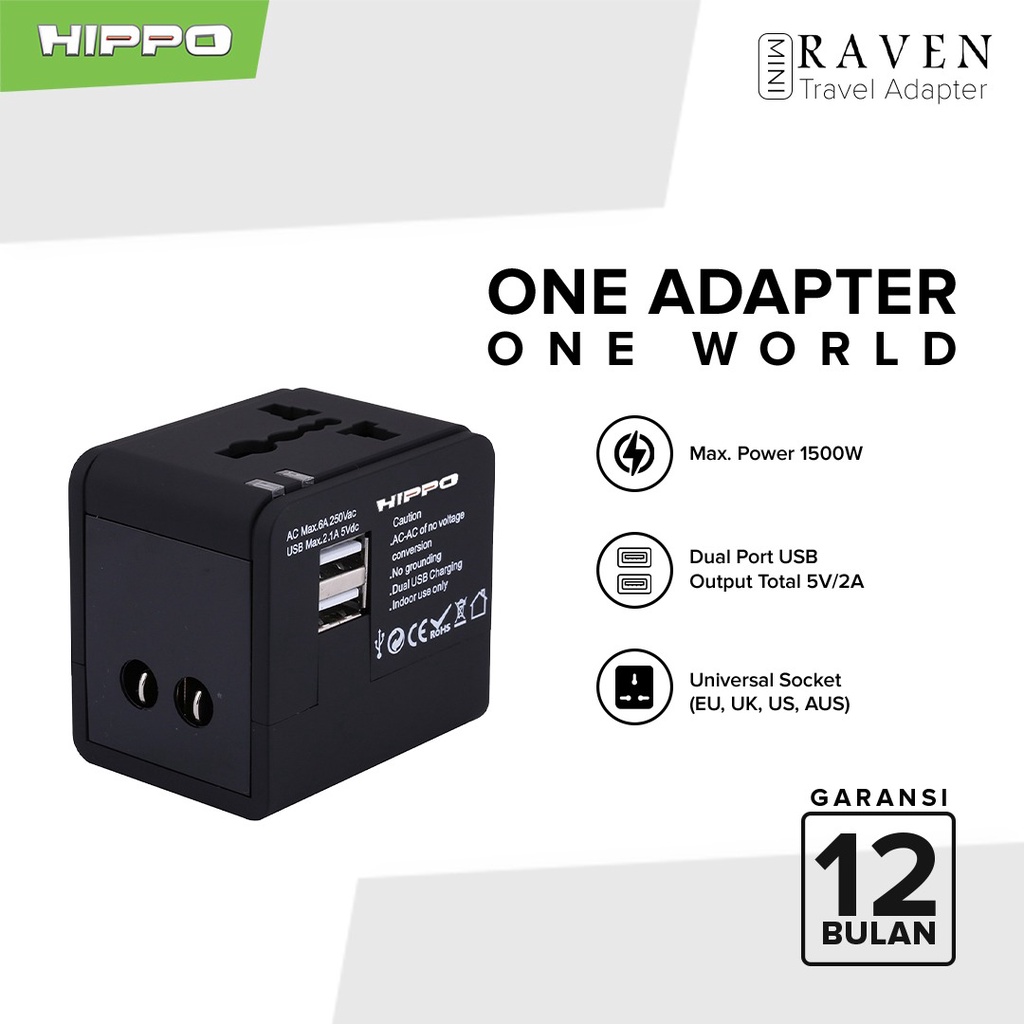 Hippo Travel Adapter Raven Mini (4 USB A + 1 USB C) Black Travel Charger Dual USB 12W (US/AU/EU/UK)