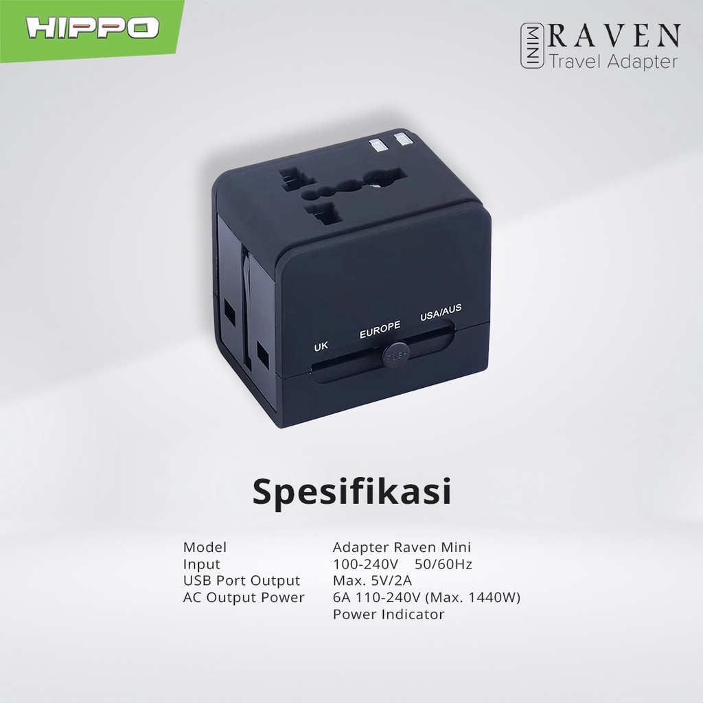 Hippo Travel Adapter Raven Mini (4 USB A + 1 USB C) Black Travel Charger Dual USB 12W (US/AU/EU/UK)