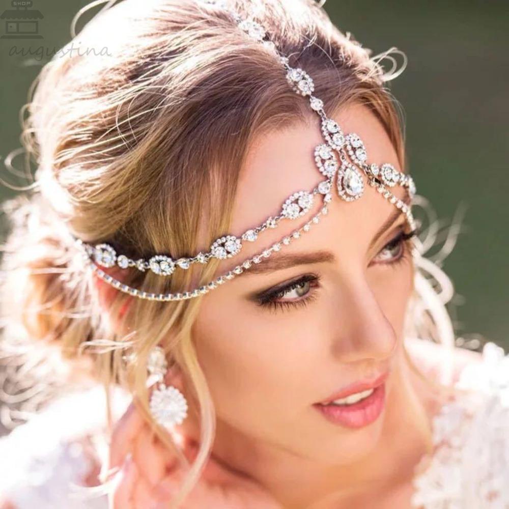 AUGUSTINA Pengantin Wanita Rantai Dahi Pesta Perhiasan Rambut Mewah Kristal Elegan Untuk Wanita Pernikahan Hiasan Dahi
