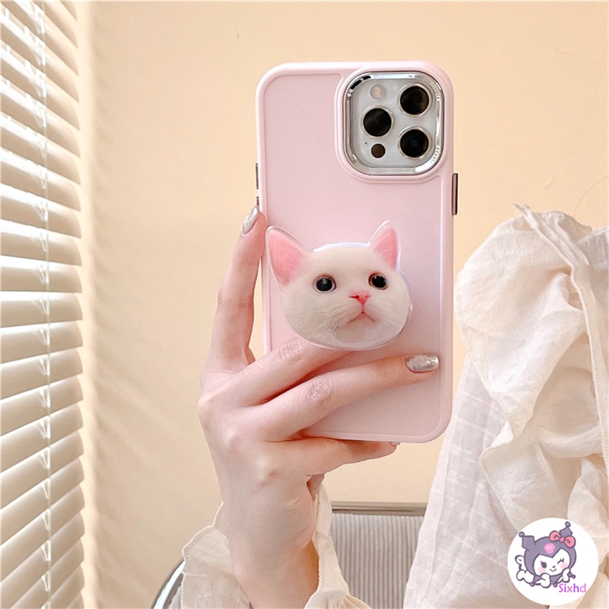 Compatible For iPhone 11 14 13 12 Pro Max 8 7Plus X Xs Xr Xs Max SE2020 Electroplated Lens Frame Protection Cute Cartoon Kitten Fashion Phone Case+Bracket Soft Anti Drop Cover