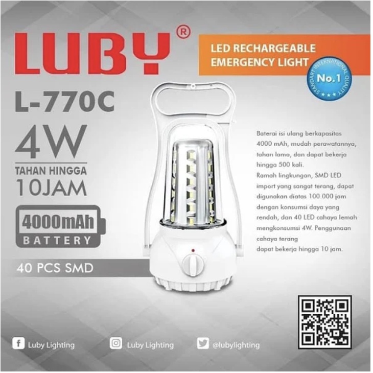 Lampu Emergengy Cas LUBY L 770 C Putih Baterai Rechargeable Ulang Lampu EMergency LED Camping 4 Watt Senter