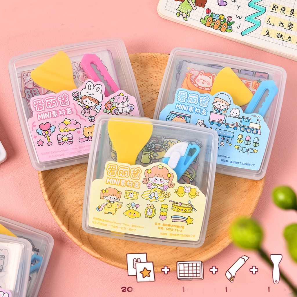 PAKET STIKER DAN PINSET STIKER BOX SET MINI PERALATAN JURNALING MOMO KARTUN LUCU UNIIK IMUT DISTRICT BEAUTY