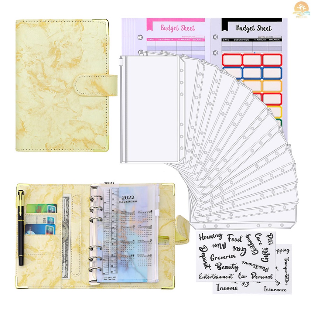 In Stock A6 Pengikat Budget Motif Tekstur Marmer PU Leather Notebook Cover Zipper Amplop Label Stiker Penggaris Digunakan Sebagai Sistem Organizer Uang Tagihan Money Card Saving Planner