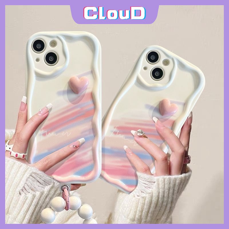 Case Tepi Melengkung Bergelombang Stereo 3D Kompatibel Untuk IPhone 7Plus XR X8 6 7 6s Plus XS Max SE 2020 11 13 14 12 Pro Max Love Heart Hand Strap Gelang Watercolor Graffiti Rainbow Cover