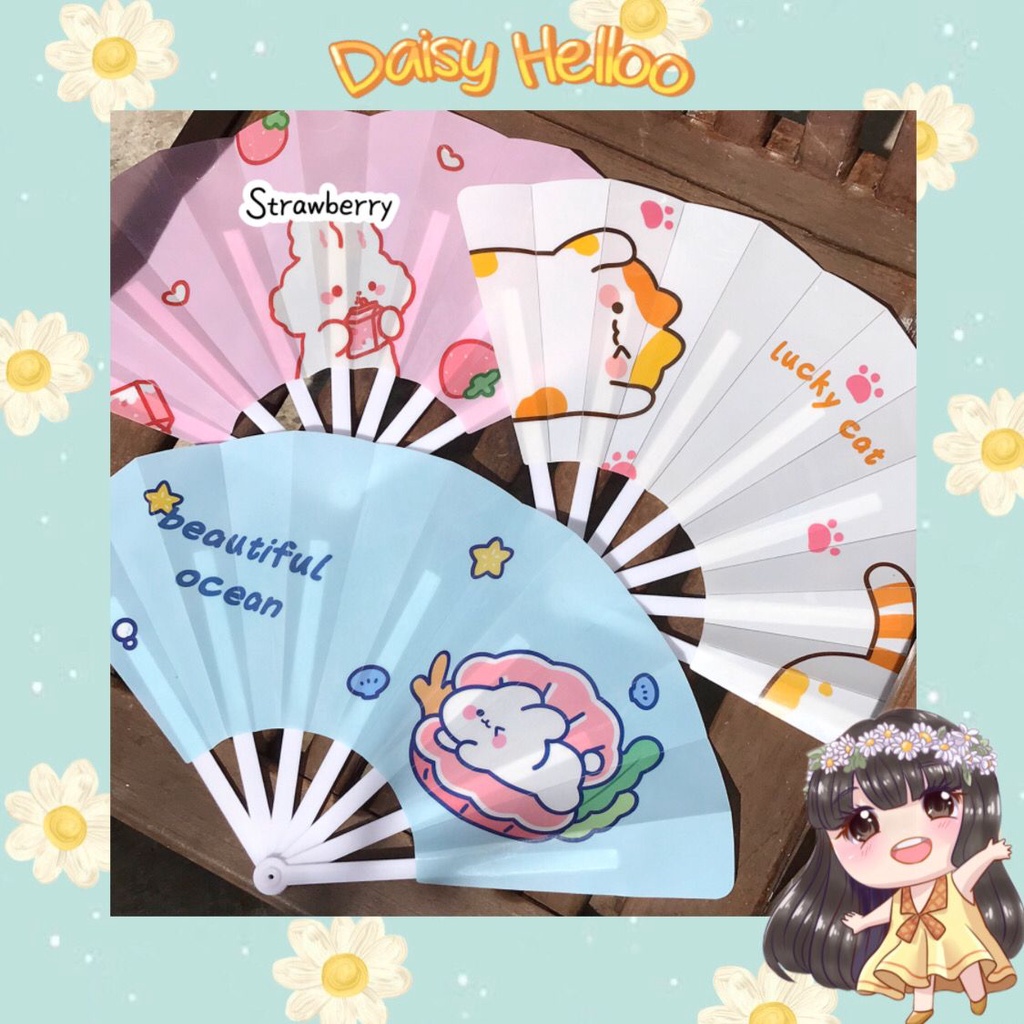 Kipas Tangan Lipat Karakter Summer Sweet Kartun Animal Girl Aesthetic Aksesoris Wanita Folding Fan C