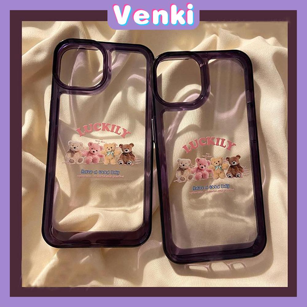 VENKI - Untuk iPhone 11 Case Clear Space Hard Acrylic Case Shockproof Protection Camera Purple Frame Cute Four Bears Kompatibel dengan iPhone 14 13 Pro Max iPhone 12 Pro Max XR 7 8Plus