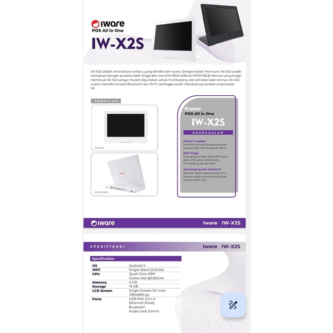 Mesin Kasir Tablet Android POS 10.1-inch 4/16 GB - Iware IW-X2S IWX2S