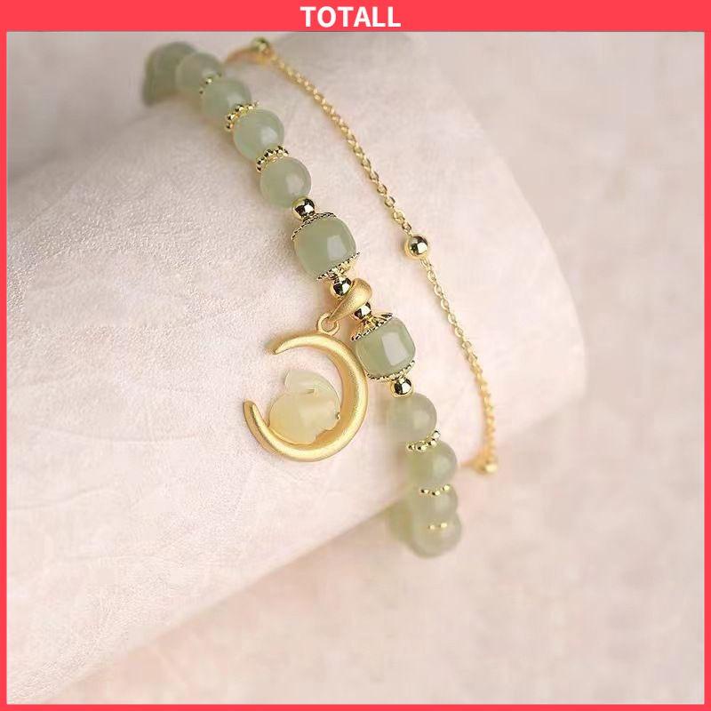 COD Gelang Rantai Manik-Manik Giok Hetian Alami Desain Kelinci Bulan Untuk Wanita-Totall