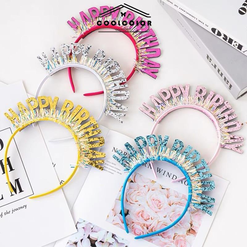 COD❤️Bando Ulang Tahun Warna-warni Gaya Kreatif DIY Selamat Hairband Tata Letak Tempat Pesta Warna Cerah- cl