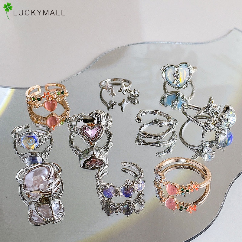 Mewah Batu Permata Perak Cincin Set Untuk Wanita Fashion Opal Jantung Ikatan Simpul Jari Cincin Perhiasan Aksesoris