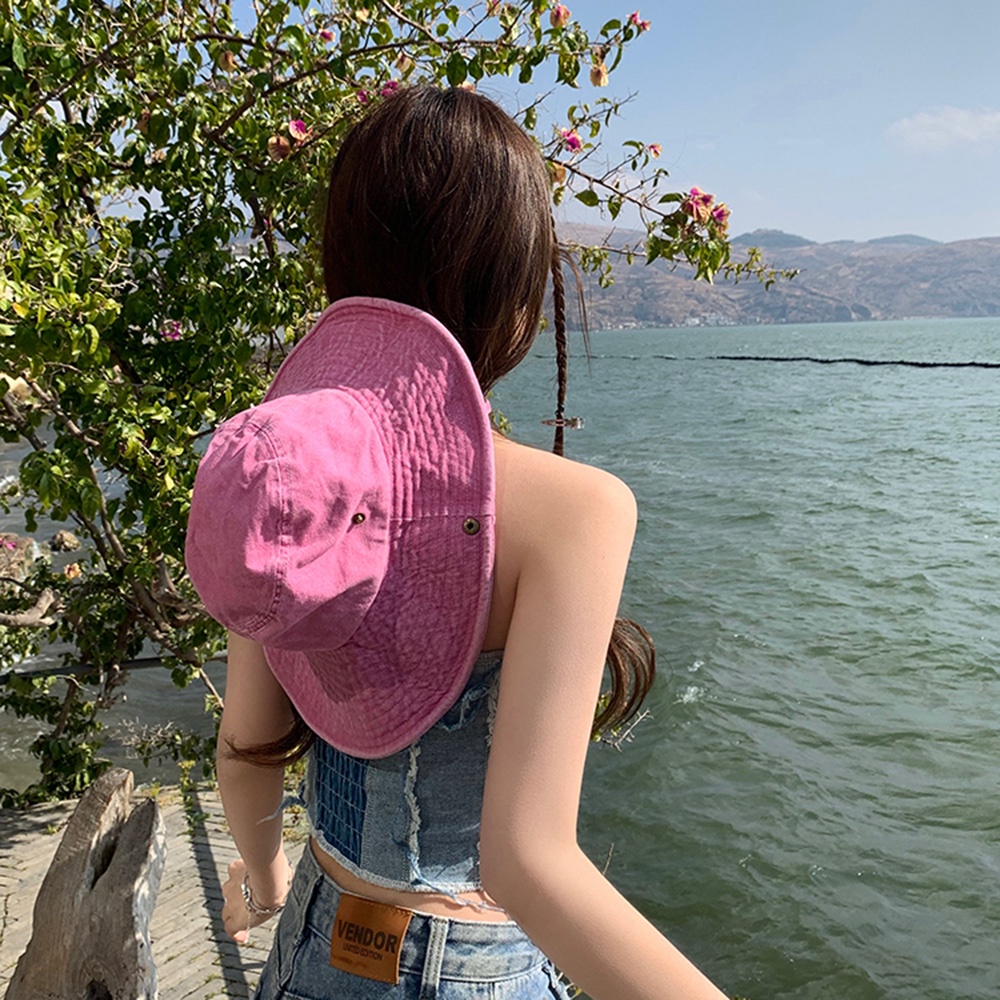 Topi Koboi Vintage Pink Y2K Gadis Keren Musim Panas Outdoor Pendaki Gunung Tabir Surya Fisherman Hat