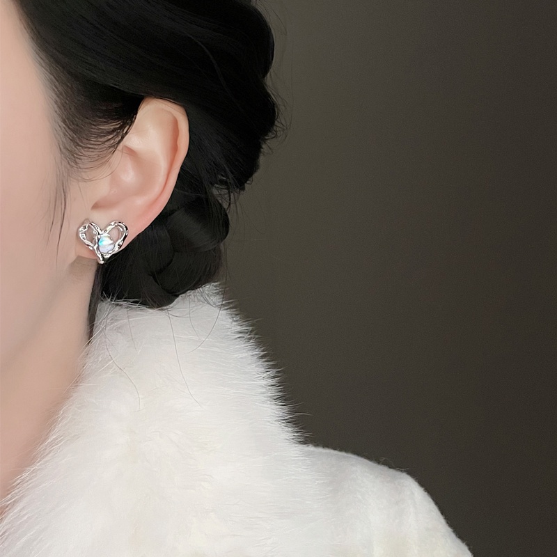 Papaozhu Bergaya S925 Perak Bersinar Zirkon Moonlight Batu Jantung Hoop Anting-Anting Untuk Wanita Perempuan Chic Berkilau Berlian Imitasi Peach Jantung Manset Anting-Anting All-match Aksesoris Telinga