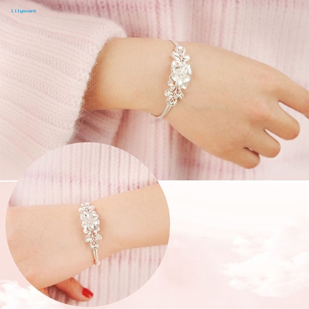 Lilyscent Fashion Bunga Adjustable Cuff Bangle Woman Perak Disepuh Gelang Tangan Perhiasan