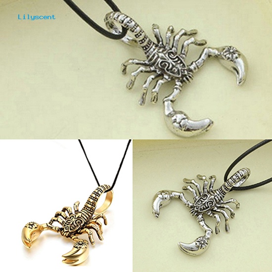 Lilyscent Men's Vintage Punk Ukir Scorpion Pendant Faux Leather Cord Kalung Pendek