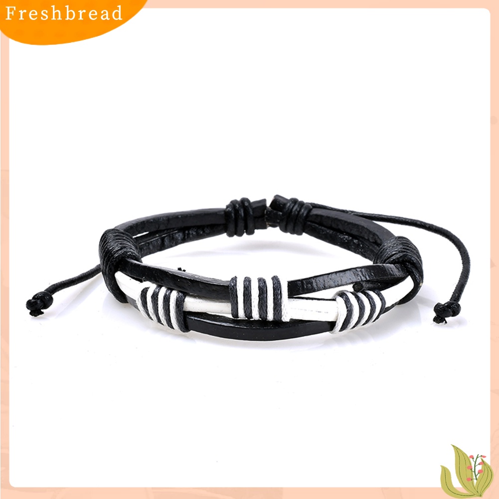 &lt; Freshbread &gt; 3Pcs Manik-Manik Kayu Kepang Retro Perhiasan Gelang Bangles Kulit Imitasi Untuk Pria