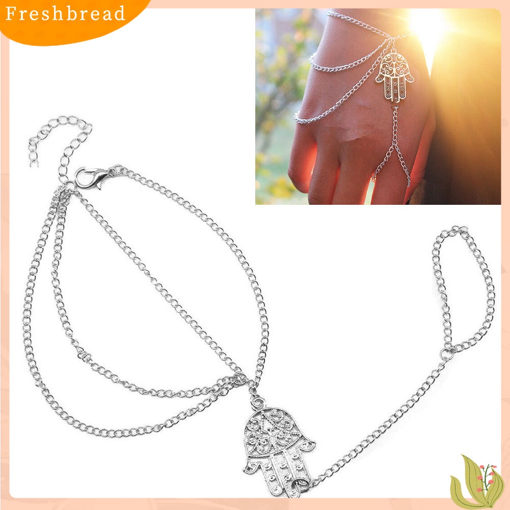 &lt; Freshbread &gt; Wanita Hamsa Tangan Asimetris Budak Rumbai Rantai Harness Jari Cincin Gelang