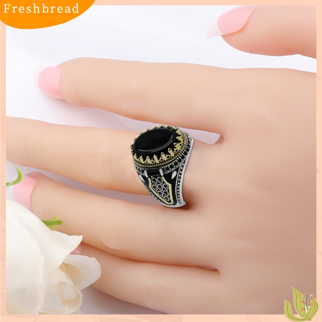 &lt; Freshbread &gt; Pria Cincin Vintage Punk Logam Ukiran Pola Kuno Two Tone Dekoratif Hadiah Batu Akik Imitasi Bertatahkan Laki-Laki Pesta Cincin Perhiasan Pernikahan